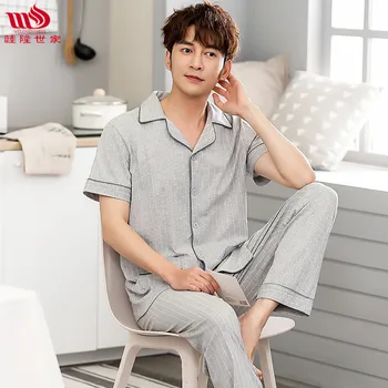

Pajamas Mulongnobles Short Sleeve Trousers Men Summer Thin Section Pure Cotton Cardigan Fold-Down Collar Middle-Aged Dad Pajamas