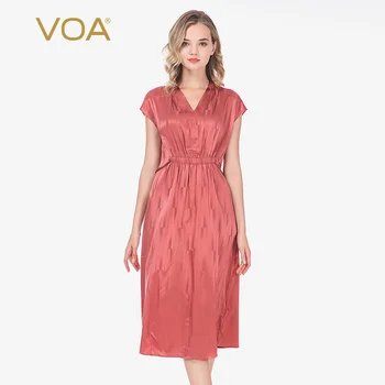 

VOA Silk Glossy Dark Pattern V-neck with Rotator Cuff Pleated High Waist Slim Fastener Decoration Mid-Length Smart Dress AX18
