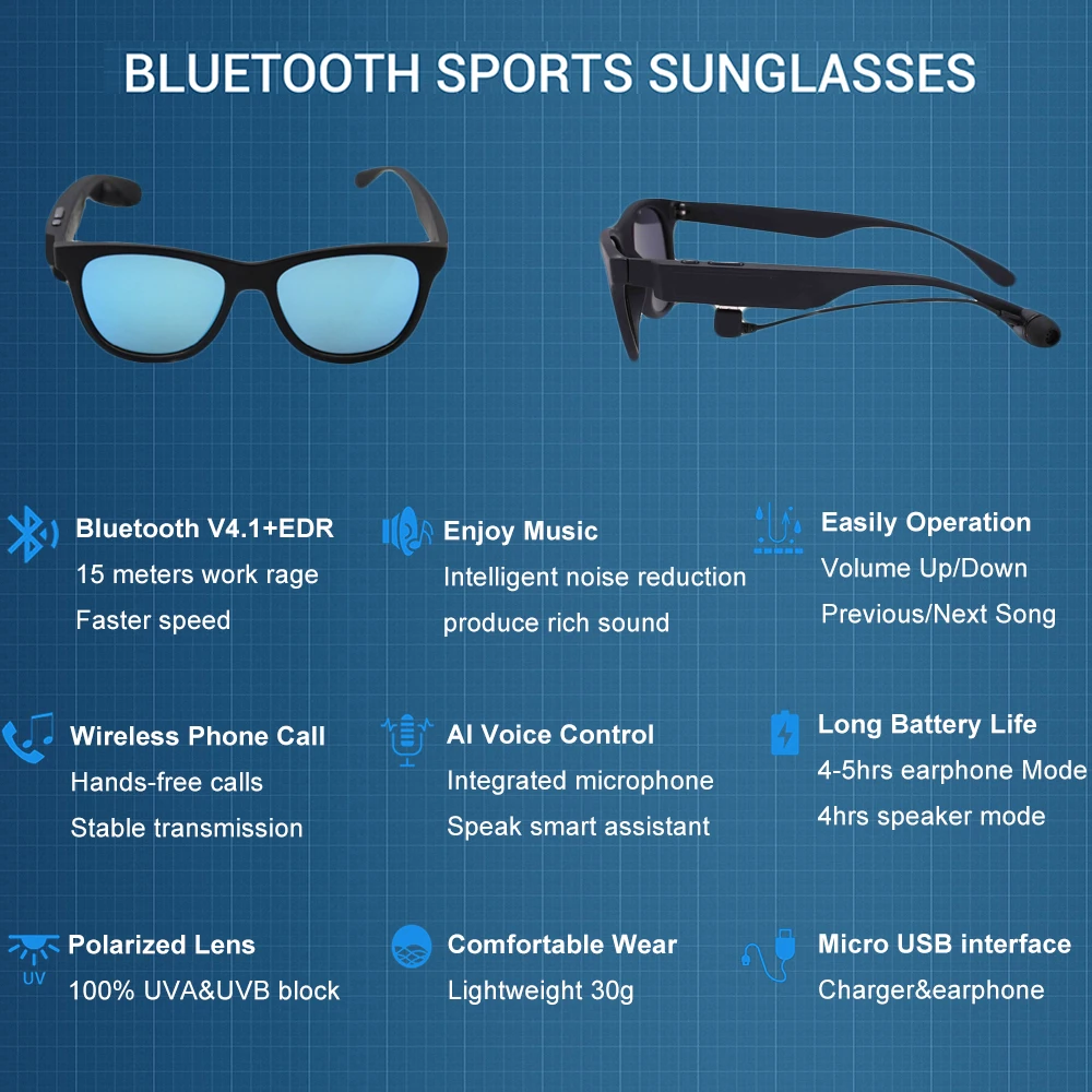 Солнцезащитные очки Conway для мужчин Bluetooth 4 1 с микрофоном прямоугольные