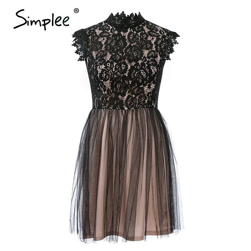 Simplee Women sleeveless lace dress Sexy embroidery floral black short party dress Ladies spring chic night club summer dress