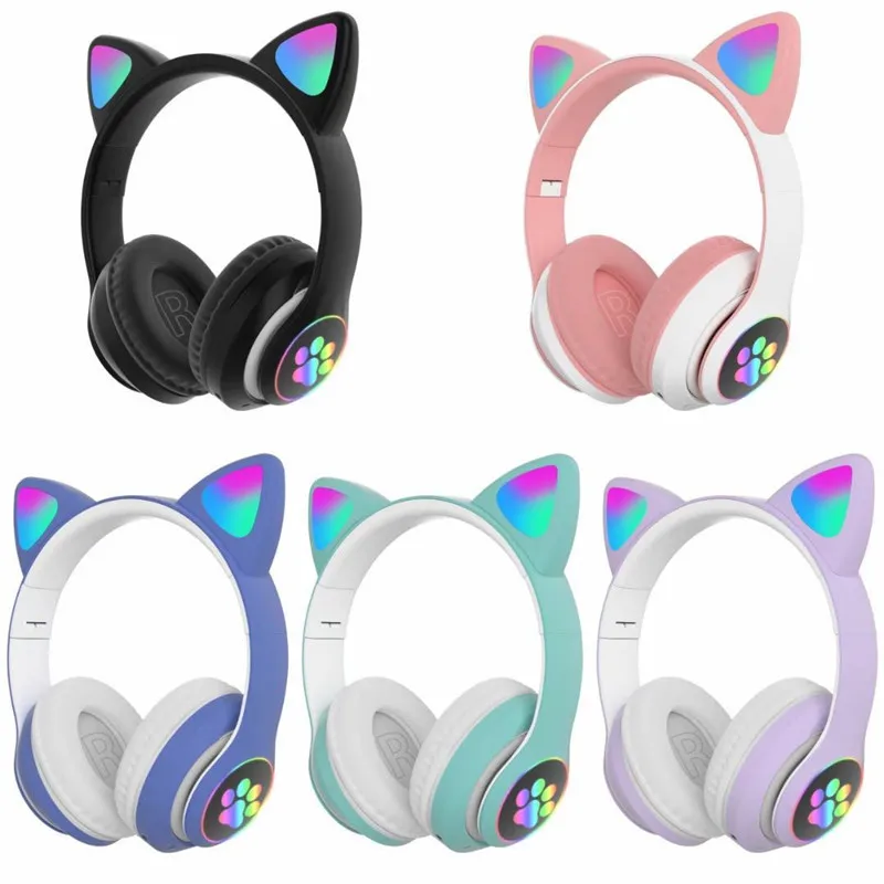 Shoumi Wireless Headphone Flash Light Cute Cat Helmet Phone HD Mic Bluetooth Headset LED Kid Girl Stereo Noise Reduce Music Gift