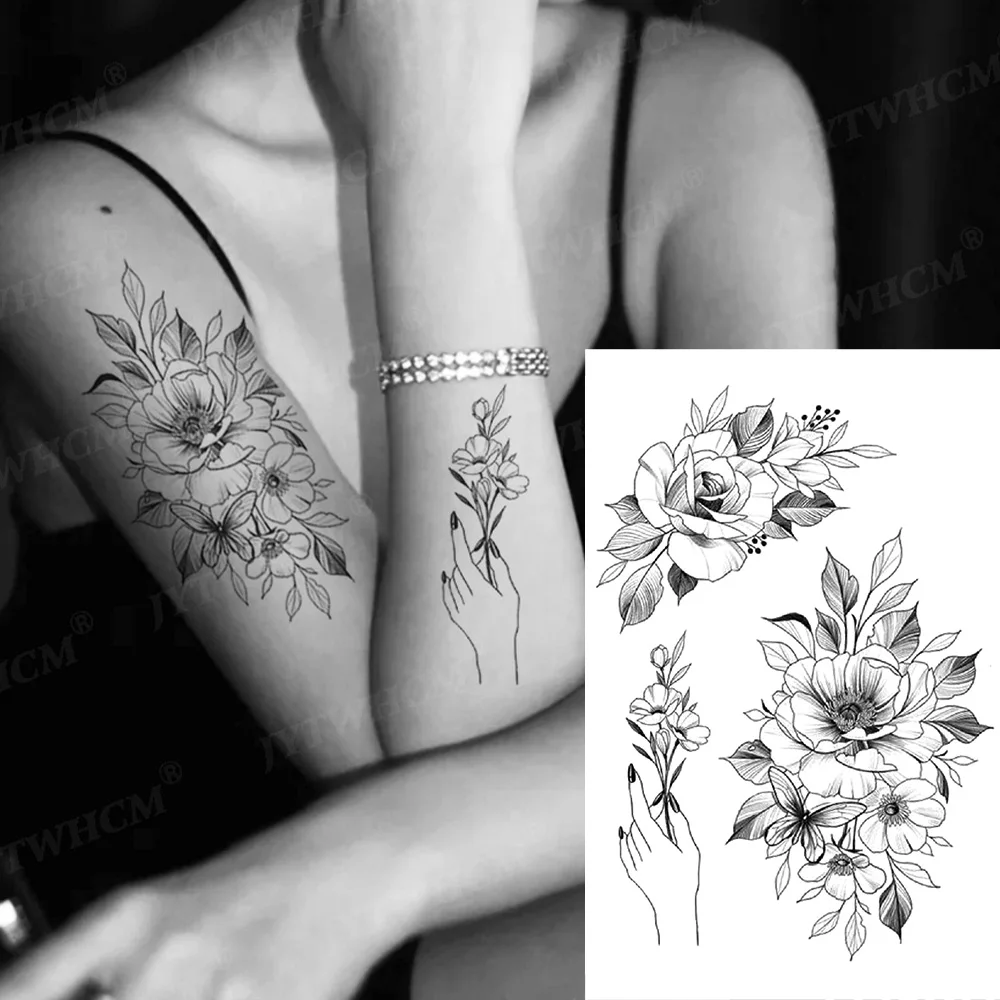 

Peony Fake Sleeve Fake Tattoo Edges Stickers Art Flower Henna Waterproof Temporary Tattoo Body Arm Water Transfer Flash Tattoos