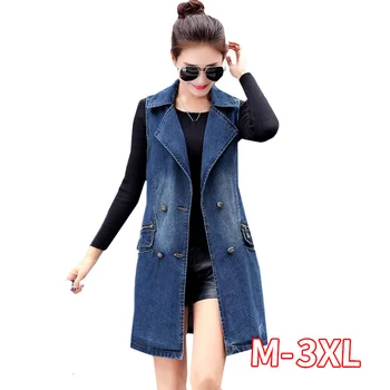 

Women Vest New Top Spring Autumn Plus Size Denim Female Vests Fashion Double-breasted Long Sleeveless Waistcoat