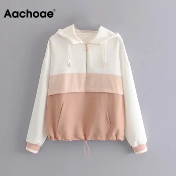 

Aachoae Lady Patchwork Casual Hoodie Tops Loose Batwing Sleeve Sports Hooded Sweatshirts Pocket Zipper Pullover Sweatshirt Women