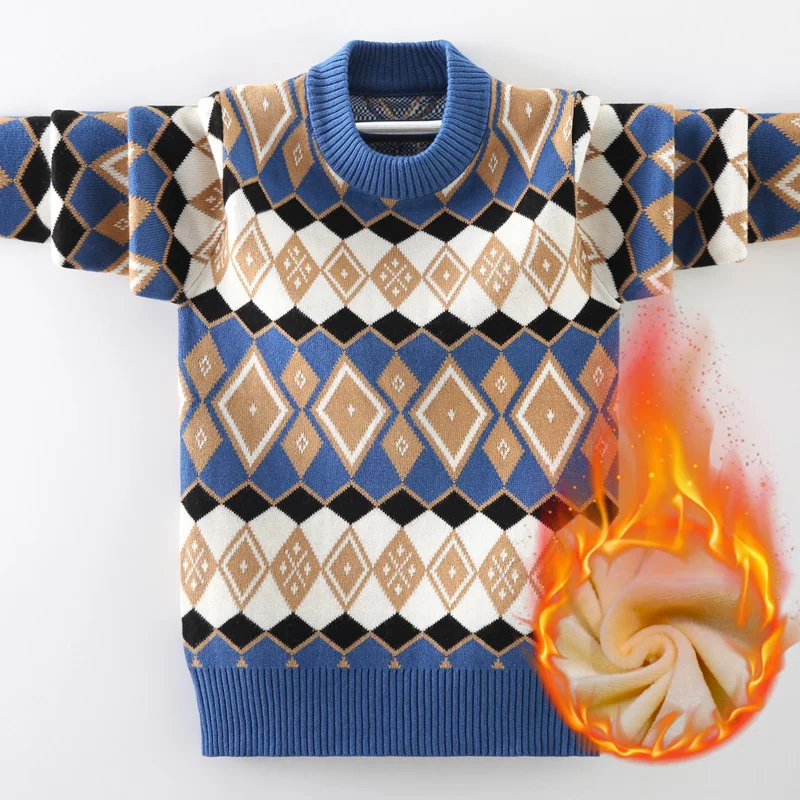 

Kids Winter Knitted Sweater School Uniform Children Super Warm Pullover Plus Velvet For Teens Boys 4-15 Years FM056