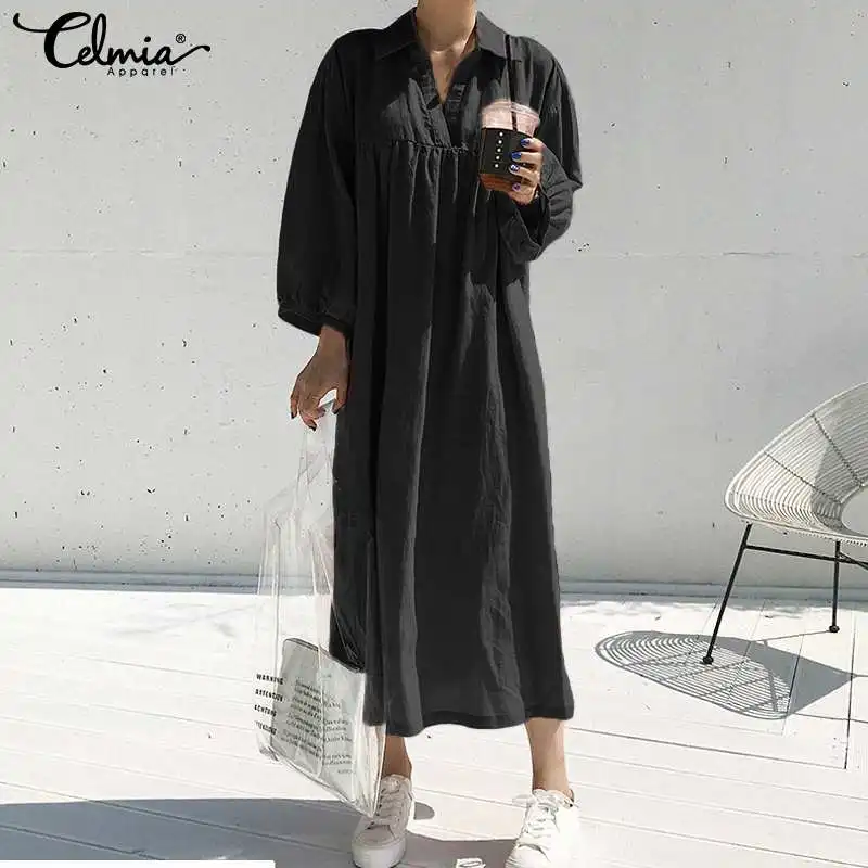 Koop Celmia Lange Shirt Jurk Vrouwen 2019 Herfst Casual Revers Lange Mouw Feestjurk Retro Geplooide Katoen Linnen Vestidos Plus Size 7