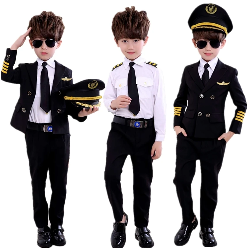 Online Children s Day Pilot Uniform Stewardess Cosplay Halloween Costumes for Kids Disguise Girl Boy Captain Aircraft Fancy Clothing