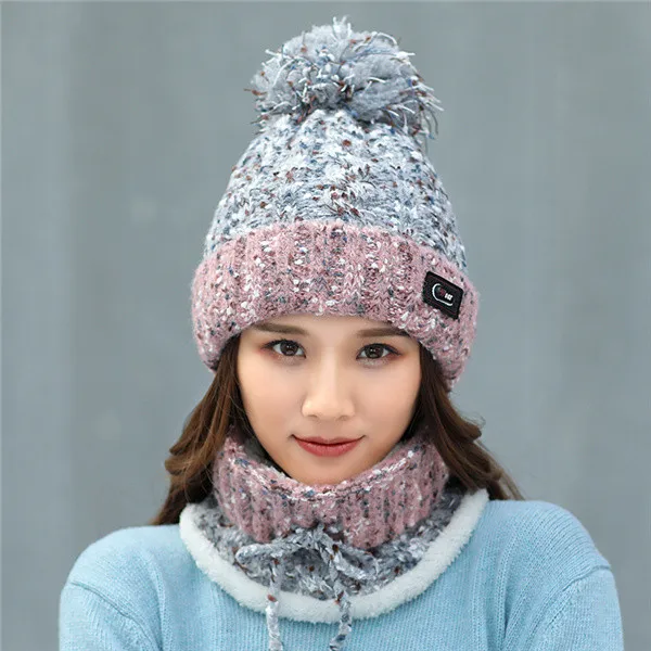 Grey 1 set Женская зимняя шапка, лыжный бренд, большие Меховые помпоны, вязаные шапки, шарф, шапка, набор, зимняя женская шапка, теплая шапка Skullies, женская шапка - Цвет: Grey 1 set