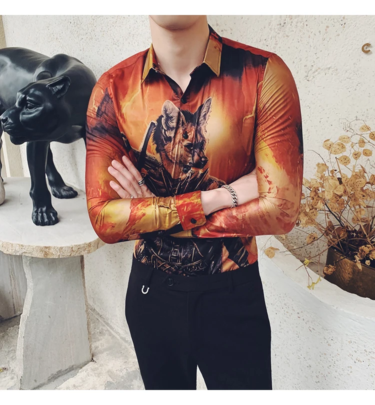 Высококачественная Мужская одежда Camisa Homem Осенняя рубашка, рубашка с принтом волка, мужская рубашка с длинными рукавами, Camisa Masculina