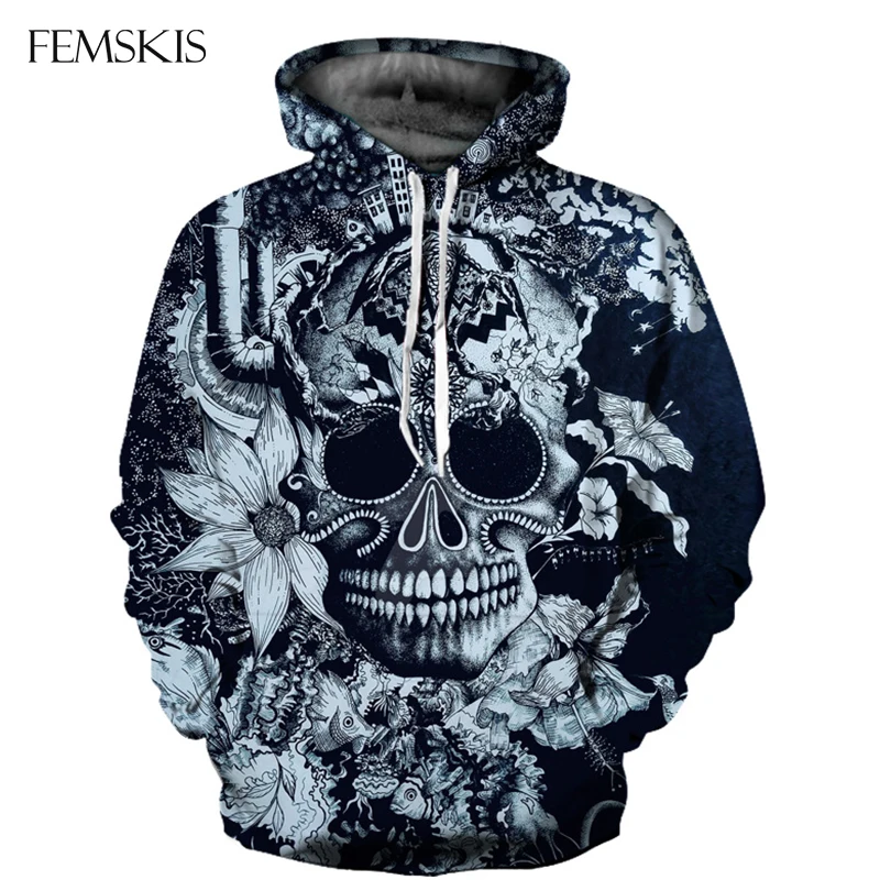 

FEMSKIS Cool Skull Flower Hoodies 3D Print Long Sleeve Hooded Sweatshirts Men Women Fashion Hip Hop Couple Streetwear Clothes