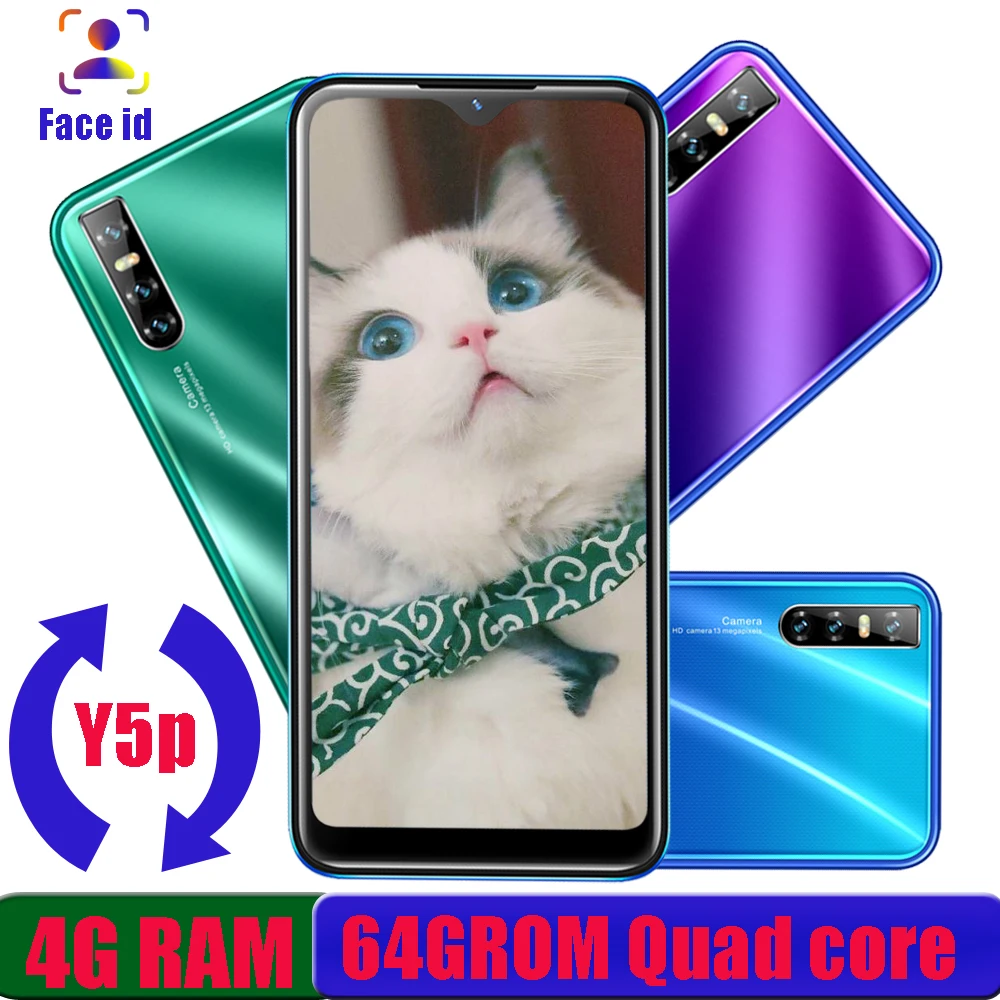 Y5p 4g ram android telefones inteligentes 64g rom quad core 13mp hd face id 6.26 polegada gota de água tela desbloqueado celulares 2sim telefone móvel