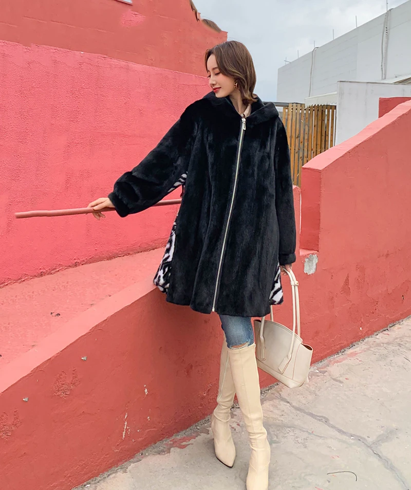 Ftangaiur Winter Import Velvet Mink Coat Embroidered With Fur Hood Loss Natural Fur Coat Women's Medium Real Mink Fur Coats