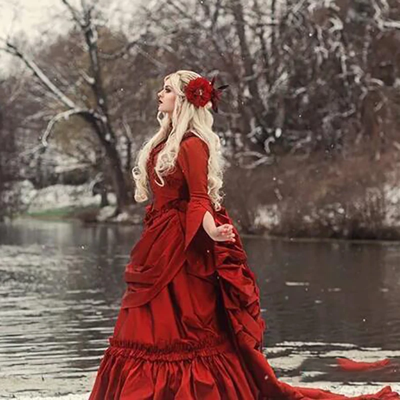 Средневековое готическое свадебное платье красное женское с длинными рукавами