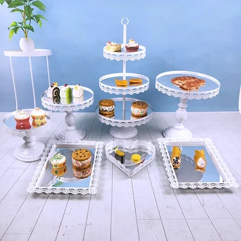 

Tobs 7pcs/set Wedding Cake Stand Set For Party Decoration With Lace Edge silver Mirror Cake Tools Cookies Display Platform