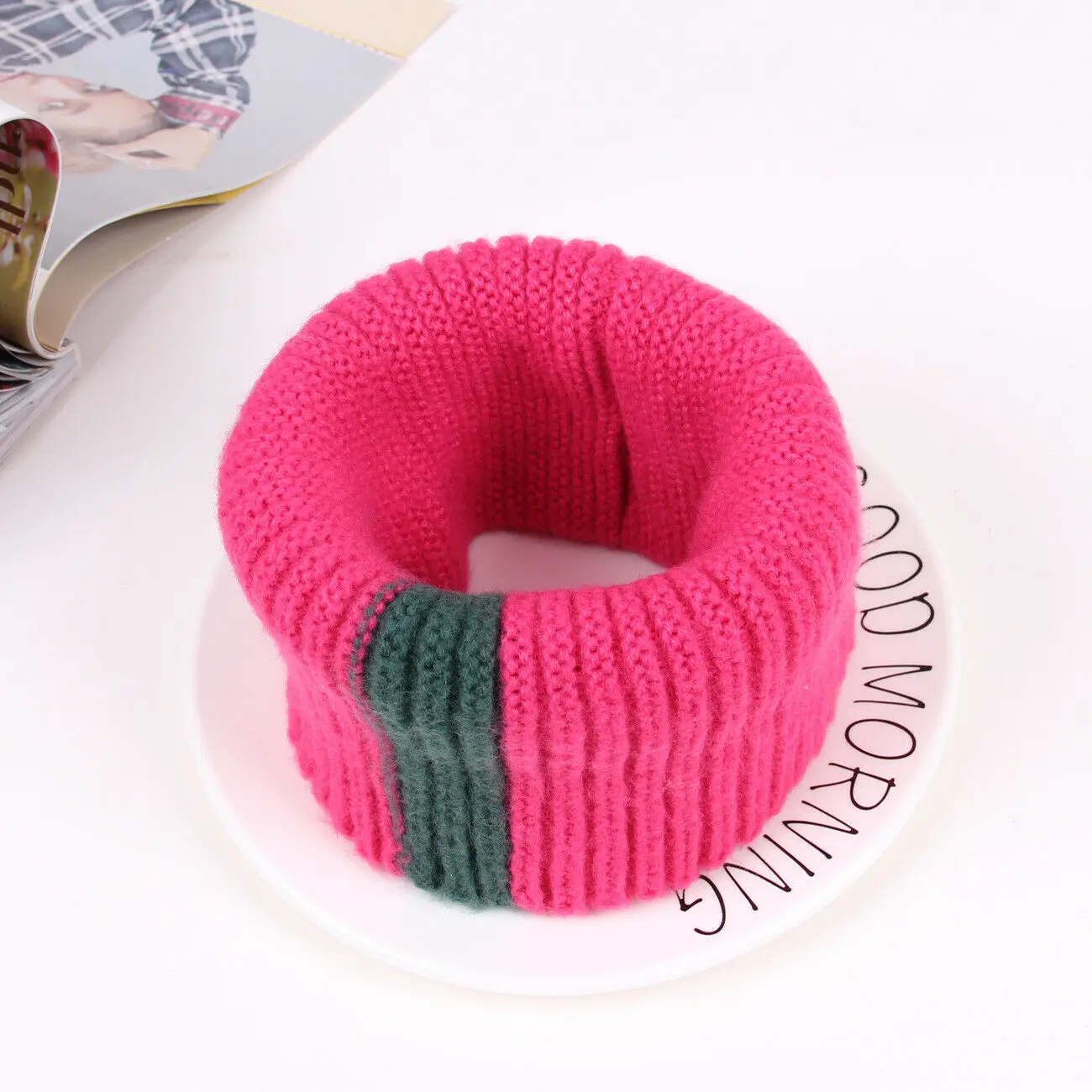 Брендовый вязаный шарф для девочек, плотный теплый зимний шарф с флисовой подкладкой, шерстяной эластичный Детский шарф с воротником - Цвет: Розово-красный