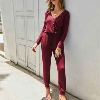

Button Embellished Puff Sleeve Jumpsuits For Women Elegant Spring Autumn Women Long Sleeve One Piece Jumpsuit Lady Solid Rompers