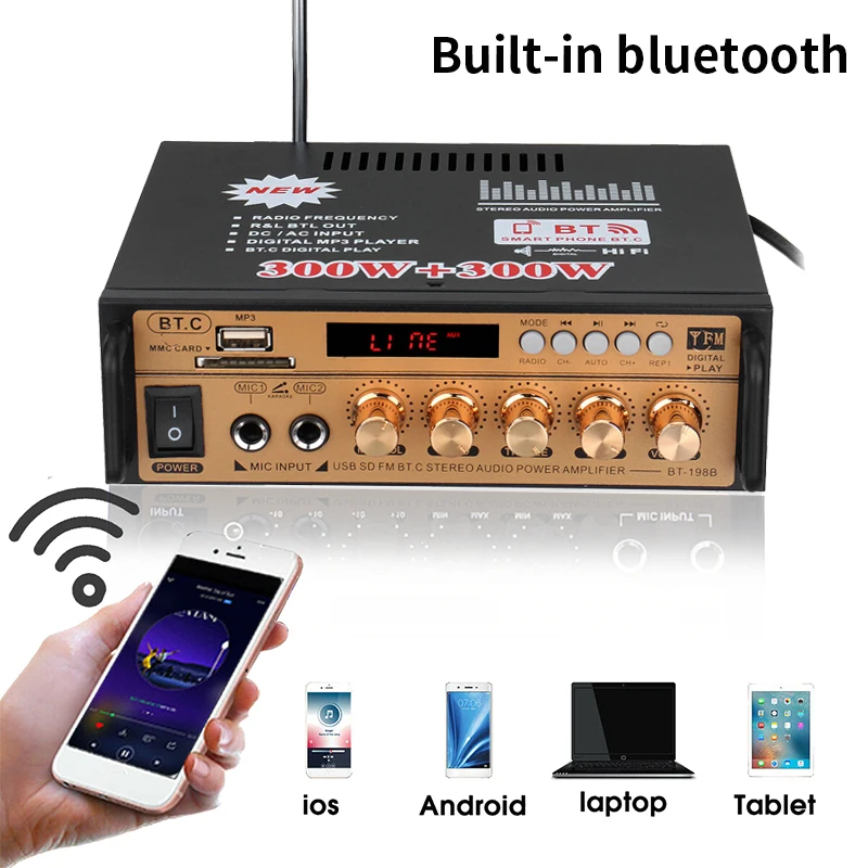 600W Hifi Power Amplifier Speaker bluetooth 5.0 Home Car Subwoofer Audio MP3 Hifi FM USB SD Music Player Home Theater Amplifier 2 channel amp Audio Amplifier Boards