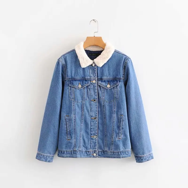

2019 Autumn Versitile Fashion Fur Collar Long Sleeve Jacket Single Breasted plus Velvet Casual Jeans Coat