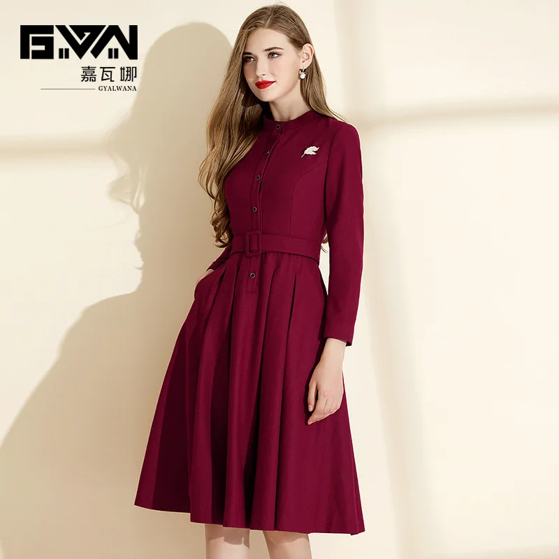 

GYALWANA Wine Red Woolen Dress Winter Stand Collar Long-sleeved Elegant High End Office Lady A-line Dresses