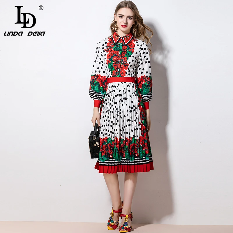 Ld Linda Della Spring Fashion Runway Elegante Jurk Vrouwen Lange Mouw Vintage Geplooide Polka Dot Bloem Bloemenprint Kralen Jurk Ld Linda Della Spring Fashion Runway Elegante Jurk Vrouwen Lange Mouw Vintage Geplooide Polka Dot Bloem Bloemenprint Kralen Jurk