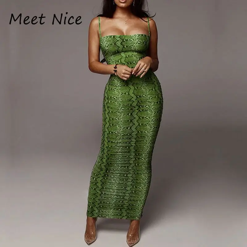 Змеиное леопардовое платье летние женские отпечаток Ruched Mesh Maxi Вечерние платья сексуальный облегающий обтягивающий длинное облегающее платье - Цвет: Зеленый
