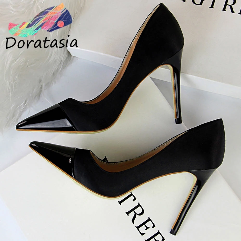 

DORATASIA Fashion Girl Wedding Bridal High Heels Pointed Toe Pumps Metallic Pumps Women Slip On Metal Toe Shoes Woman