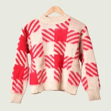 Лоскутный клетчатый свитер с круглым вырезом, свободный мохеровый вязаный пуловер, женские вязаные топы