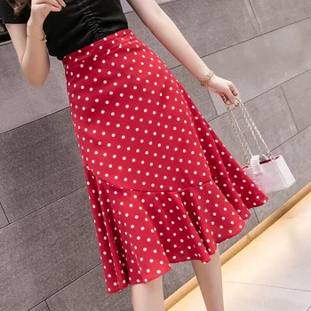 

Summer Ruffles A-line Skirt Women Zip High Waist Beach Umbrella Skirts Female Streetwear Polka Dot Flower Prints Mid-calf Skirt