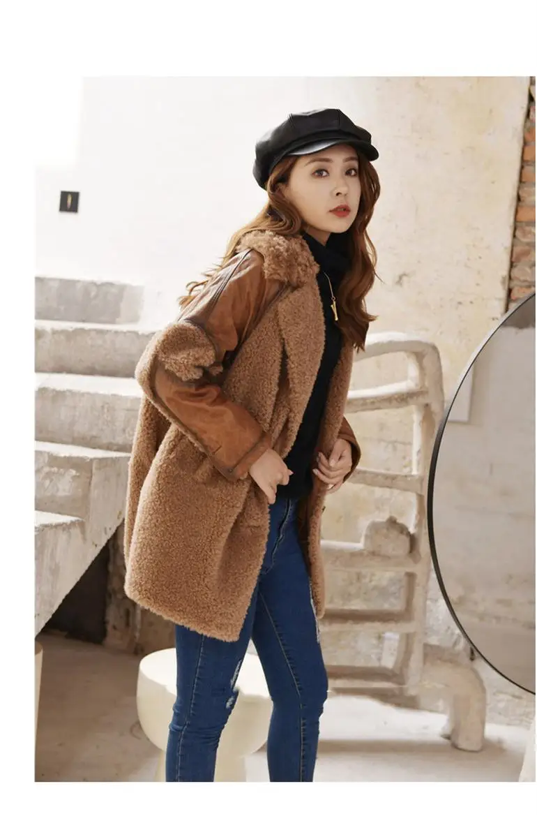 Women Autumn Winter New Composite Wool Fur Jacket Natural Sheep Shearing Coat Female Lapel Casual Lambswool Outwear E147