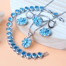 Серебро 925 Свадебный Синий Циркон Ювелирные наборы серьги женские Бижутерия камень подвеска из колец ожерелье Набор подарочных коробок