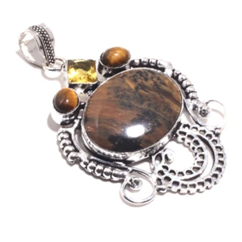 

Genuine Honey Dendrite Opal + Tiger Eye Pendant Silver Overlay over Copper Jewelry Woman gift , P8497