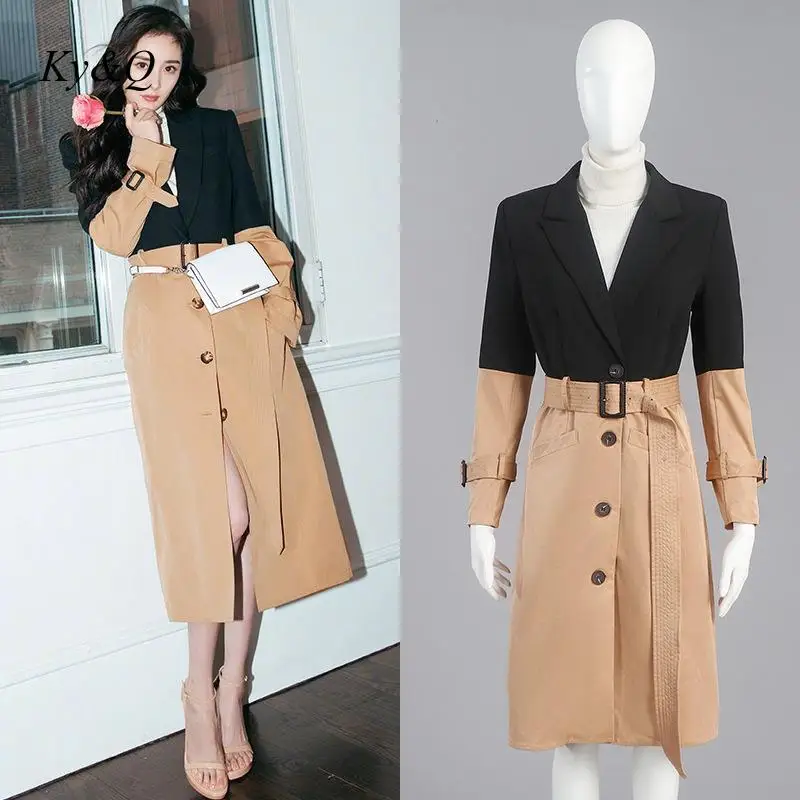 Runway Brand Winter Luxury Stitching Khaki Patchwork Long Section Windbreaker Jacket Women Jacket Sashes Elegant Outwear