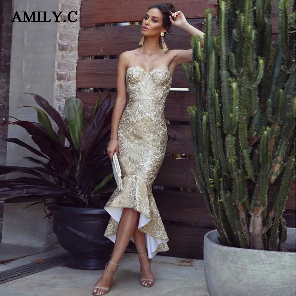 

Amily.c 2019 Women's High Quality Ladies Bandage Dress Sexy Mermaid Sleeveless Strapless Elegant Clubwears Celebrity Party Dress