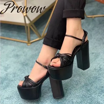 

Prowow New Black Beige Runway Fashion Genuine Leather Bowtie Summer Sandals Platform Chunky Heel High Heel Sandals Shoes Women