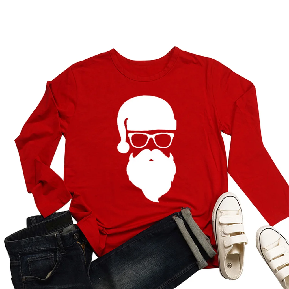 2019 Рождественская Базовая футболка оверсайз с длинным рукавом принтом Санта