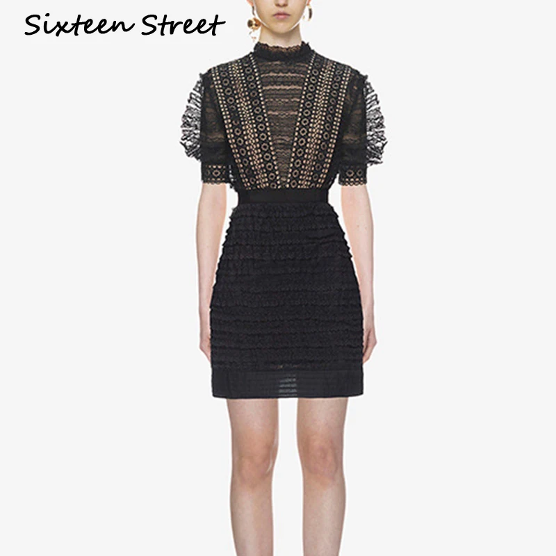 

Puff Sleeve O Neck Black Lace Dress Woman ruffle patchwork Slim Sexy High Waist mini Dress Ladies robe femme Summer New