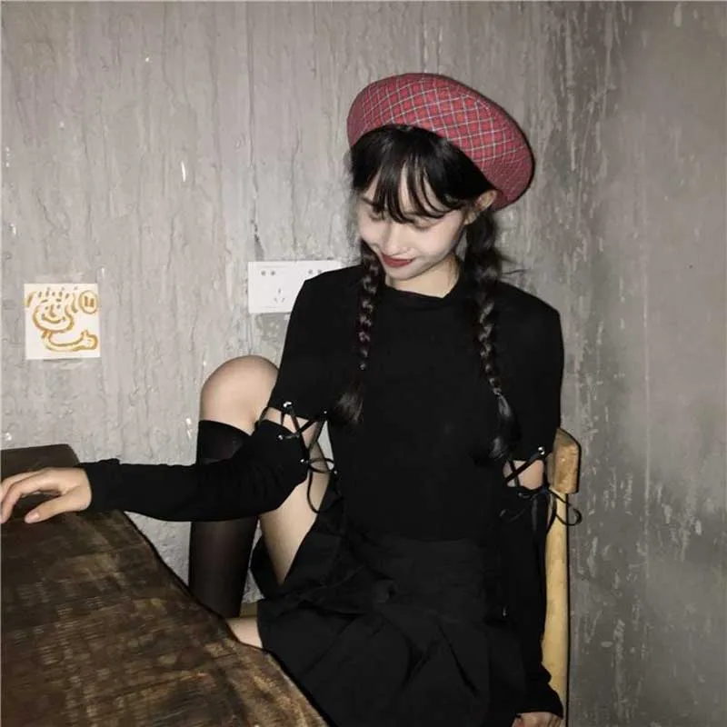 NiceMix черная уличная футболка с круглым вырезом и длинным рукавом, женские топы на шнуровке, Женская Корейская Футболка Harajuku, винтажная модная новинка