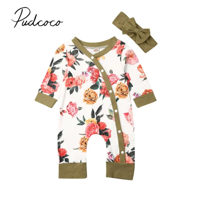 

2019 Baby Spring Autumn Clothing Newborn Baby Girl Clothes Flower Romper Long Sleeve Jumpsuit Playsuit Headband Outfits 2PCS