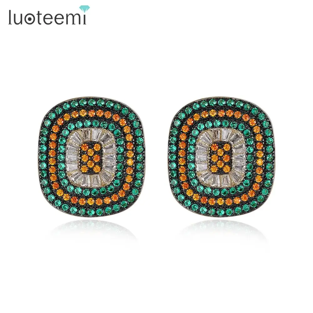 LUOTEEMI, Винтажный дизайн, цветные квадратные серьги-гвоздики для женщин, для свадебной вечеринки, зеленый/оранжевый кубический циркон, мощеные, модные, Oorbellen