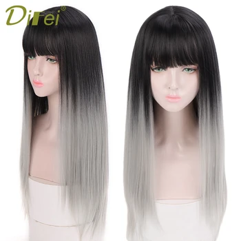 

DIFEI Synthetic Hair Long Straight Black Grey Ombre Wigs with Bangs for Women Heat Resistant Fiber Hair for African American Wig