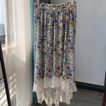 

100% Viscose Lady Skirt Irregular Stitching Lace Elastic Waist Print Retro Soft A-line Midi Skirt Female Clothes Spring Summer