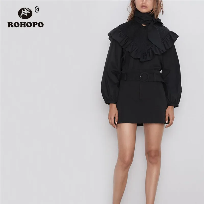 

ROHOPO Tie Bow Collar Puff Long Sleeve Ruffled Front Poplon Black Blouse Smocking Shoulder Round Edge Pullover Top Blusa #6463