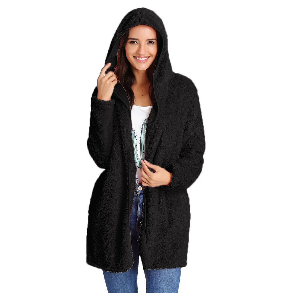 Плюшевый свитер с капюшоном, пальто с длинным рукавом, теплый кардиган, верхняя одежда, Тедди, Уютная куртка, модная Женская Осенняя Черная куртка fourrure femme