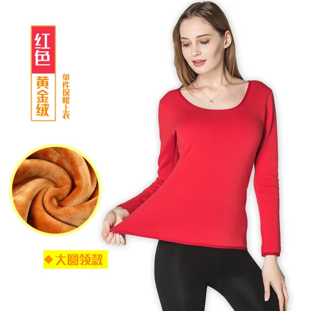 Big O-neck Red 3XL Однослойная бархатная Термоодежда с длинным рукавом для женщин, зимнее нижнее белье с круглым вырезом, базовые термотопы для женщин, вторая кожа - Цвет: Big O-neck Red