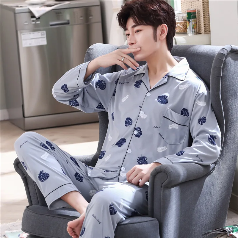

Men Pajamas Long Sleeve Pure Cotton Spring And Autumn Thin Cotton Youth Autumn And Winter Tracksuit Men's Set 693