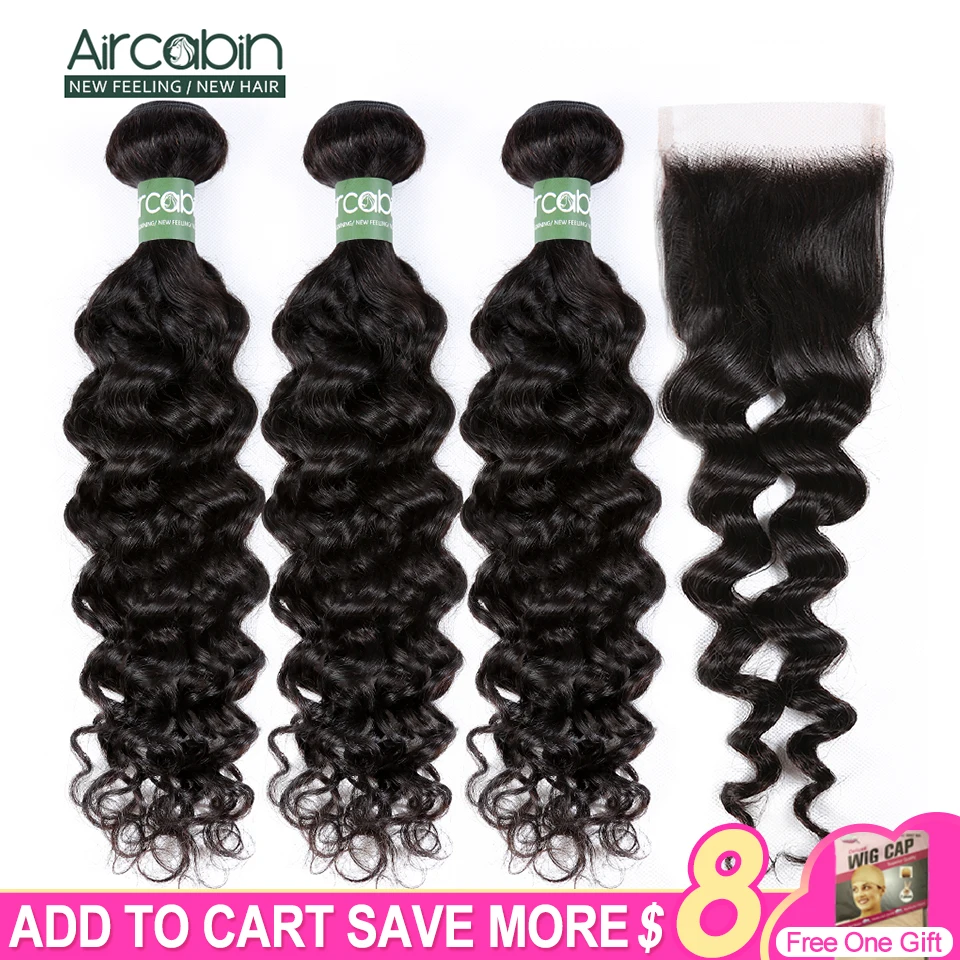 Milan-Wave-Bundles Closure Human-Hair Lace Aircabin Natural-Color Brazilian with Remy