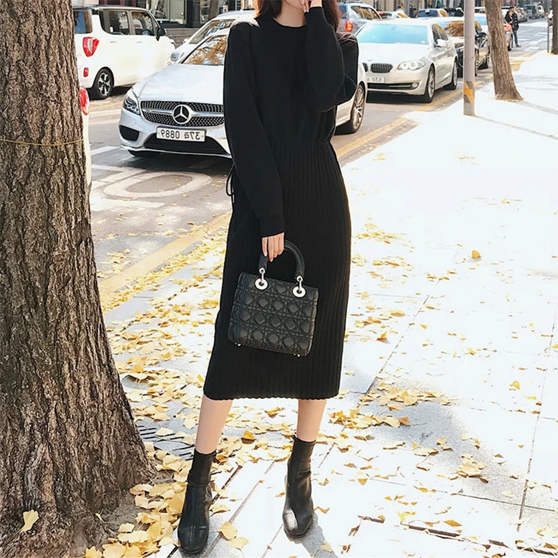 Elegant O-neck Patchwork Autumn Winter Dress Straight Women Sweater Dress Thicken Lace Up Female Jumper Dress Midi Vestidos