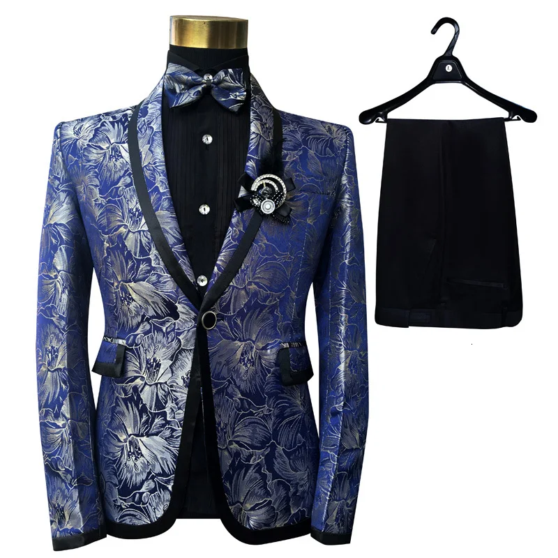 PYJTRL Men Shawl Lapel 3 Piece Set Suit Blue Floral Pattern Jacquard Wedding Groom Singers Prom Costume Latest Coat Pant Designs PYJTRL Men Shawl Lapel 3 Piece Set Suit Blue Floral Pattern Jacquard Wedding Groom Singers Prom Costume Latest Coat Pant Designs