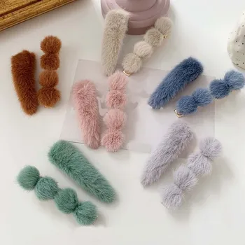 

2 pcs/set Korea Winter New Women Hair Accessories Fur Pom Pom Ball Water Drop Hair Clips Hairpins