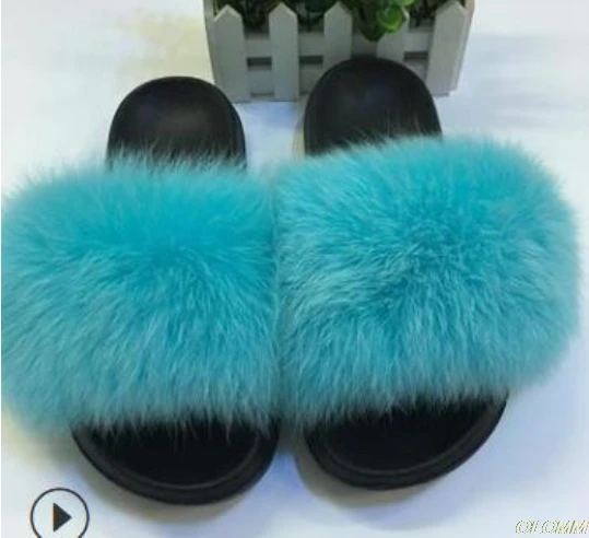 black green Женские шлепанцы с натуральным лисьим мехом; меховые летние пляжные шлепанцы; пляжные сандалии; шлепанцы без задника на плоской подошве; женская уличная обувь; пушистая обувь - Цвет: black green
